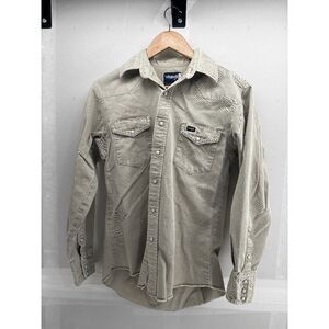 VTG Wrangler Heavy Denim Pearl Snap Work Western Rockabilly Faded Shirt Med Crea